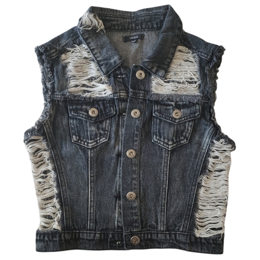 Distressed denim vest S